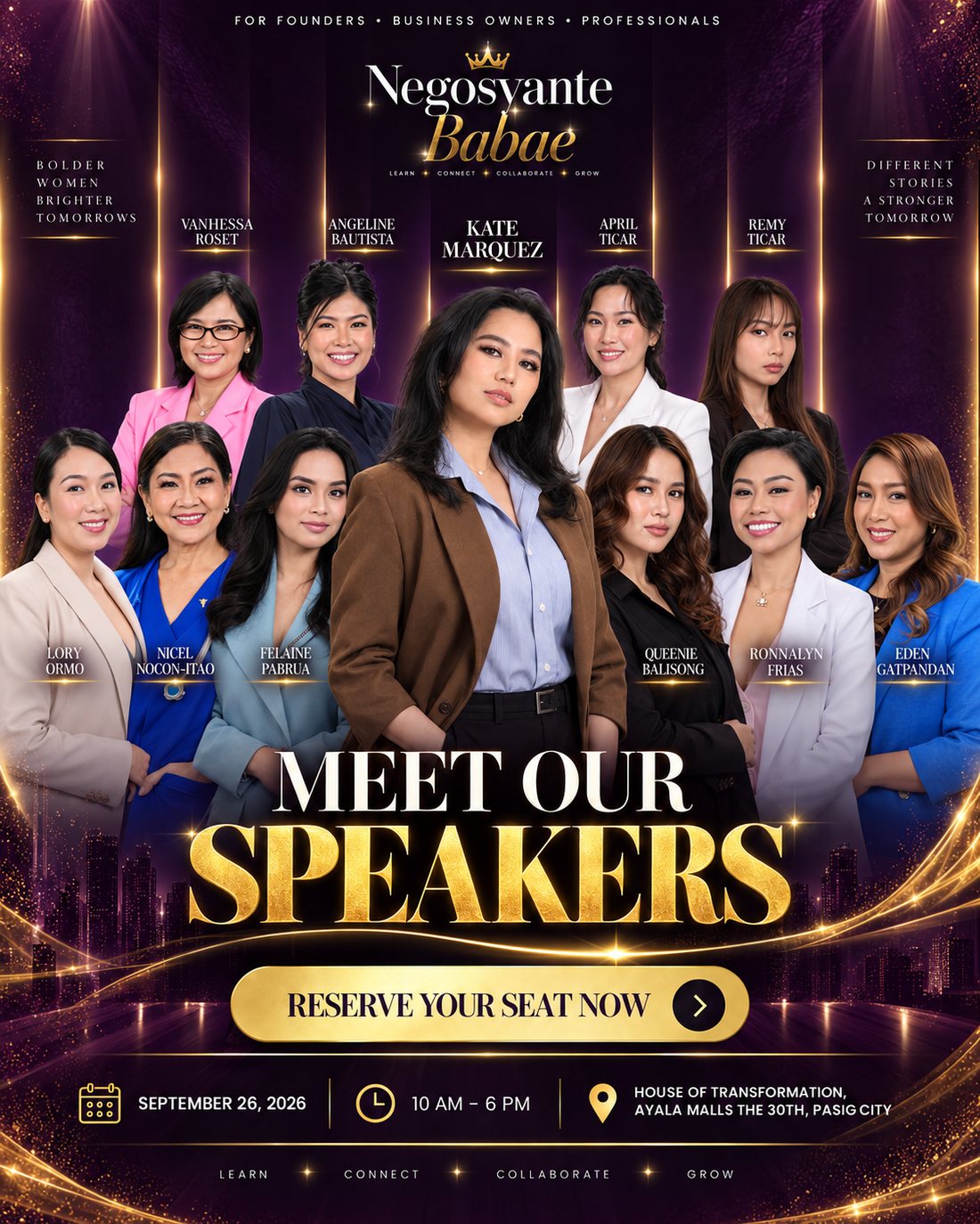 Negosyante Babae official poster: Meet Our Speakers. 26 September 2026, House of Transformation, Ayala Malls The 30th, Pasig City.